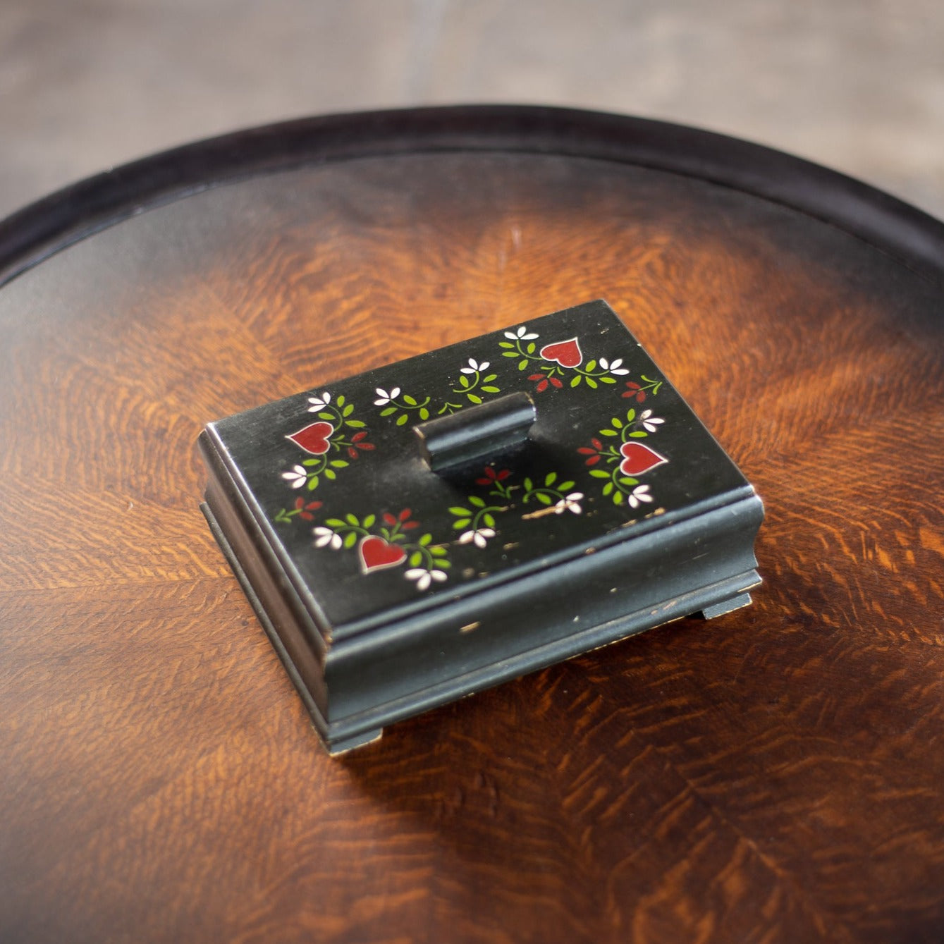 Hand-Painted Heart Pattern Wooden Box / Germany c.1960s-1970s [WB-011]