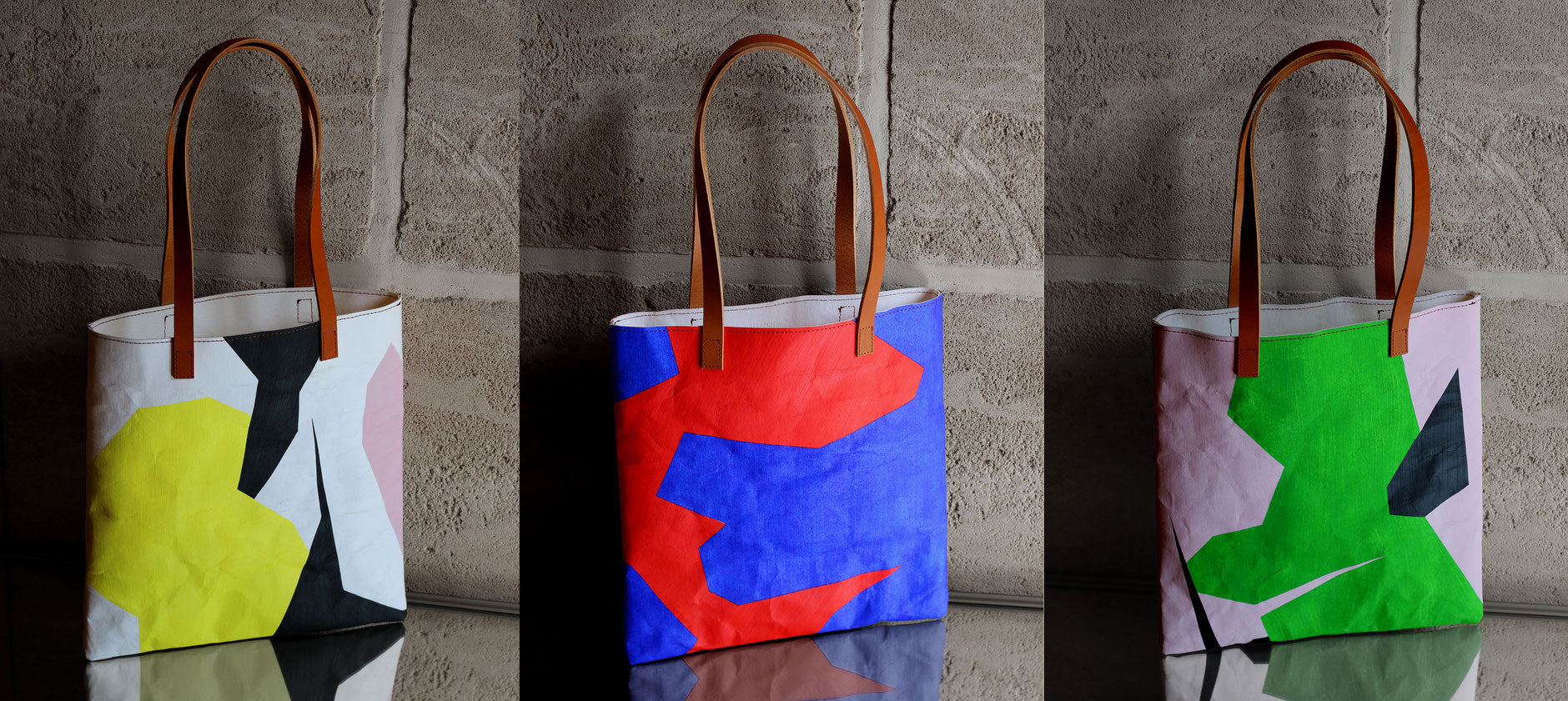 LangackerhäuslのハンドペイントトートバッグSLEEVE（スリーブ）。アーティストによる鮮やかなオリジナルアートワークが施された特殊加工紙と、ドイツ製レザーハンドルが調和する、一点もののオーストリア製バッグ。